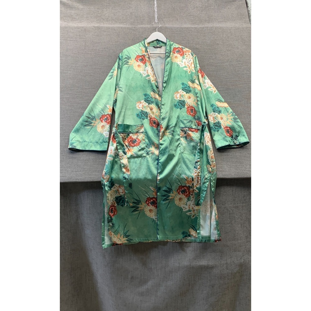 Feitong Longline Duster Womens 2XL Green‎ Floral Tie Waist Side Slit Open Front